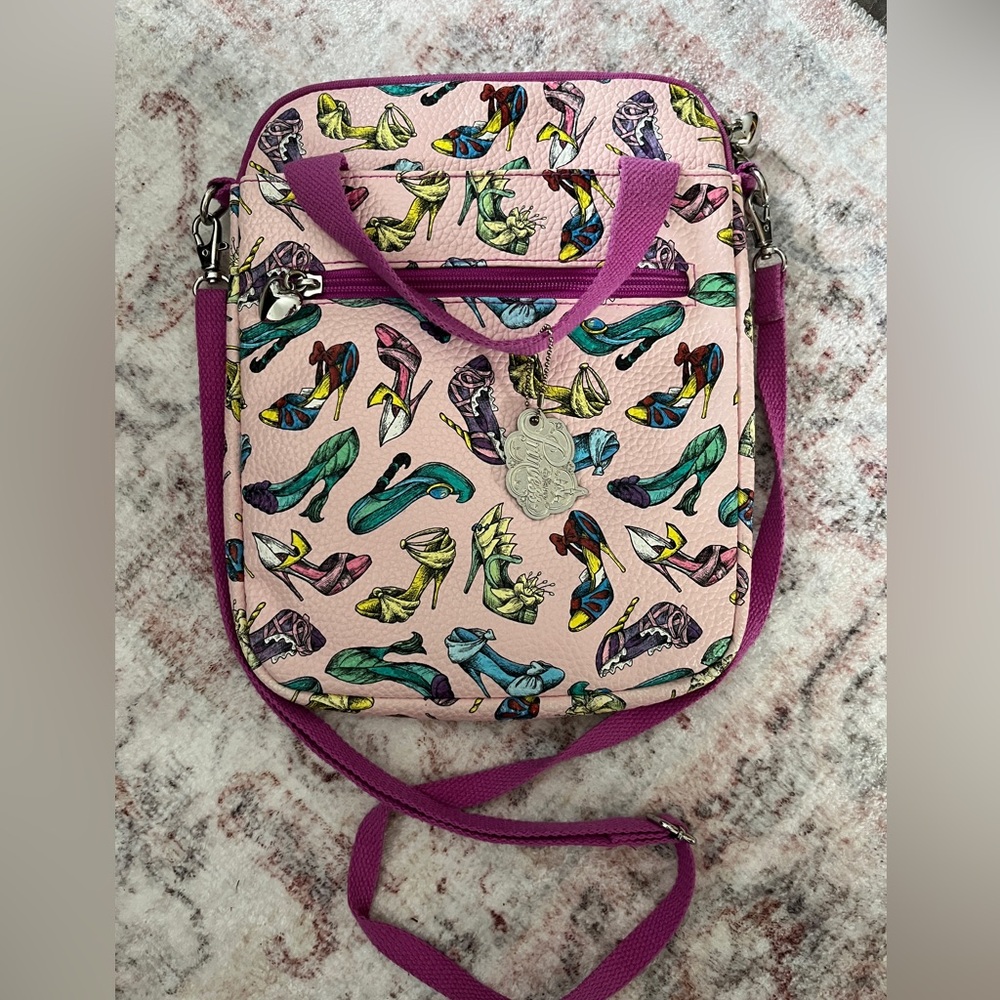 Disney Pink Tablet Crossbody Bag with Multicolor Shoe Print and Purple Strap